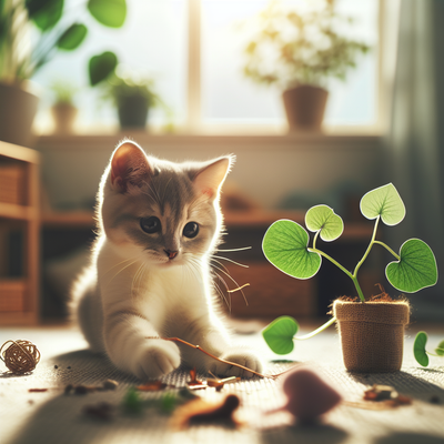 A curious kitten plays with herbal alternatives to catnip, surrounded by plants in a sunlit room with a cozy, natural ambiance.