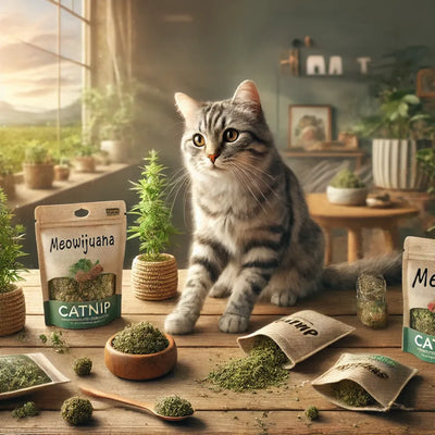 A gray tabby cat sits beside catnip products, including pouches, loose catnip, and a Meowijuana package, in a cozy, sunlit room.