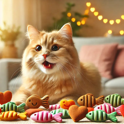 A cozy indoor scene featuring a happy orange tabby cat playing with colorful, playful catnip-infused treats shaped like fish and hearts.