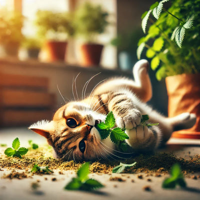 A playful cat rolls on the floor, rubbing its face on fresh catnip leaves, surrounded by potted catnip plants in a cozy indoor setting.