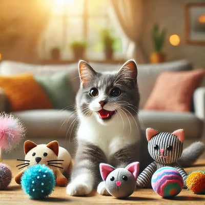 A cozy indoor scene featuring a joyful gray and white cat playing with a variety of colorful catnip-infused toys, including plush shapes and a kicker toy.