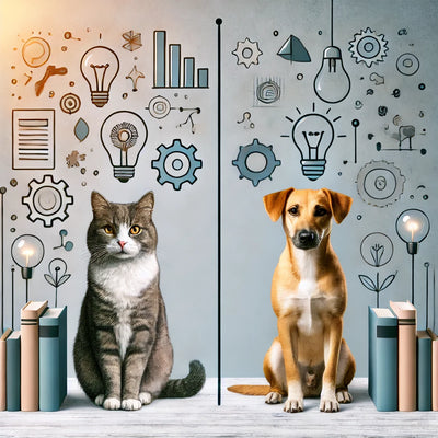 Cat and dog side by side with symbols of intelligence like books and puzzles, highlighting their unique smarts on a gradient background.