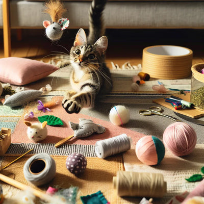 A playful tabby cat reaching for a toy mouse surrounded by DIY craft supplies, yarn, and colorful catnip toys on a cozy rug.