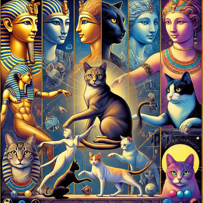 Illustration of cats blending ancient Egyptian statues, Renaissance portraits, modern pop art, and internet meme culture.