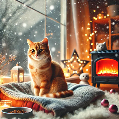 A cozy orange tabby cat sitting on a soft blanket by a frosty window, surrounded by festive lights, a glowing fireplace, and winter decor.