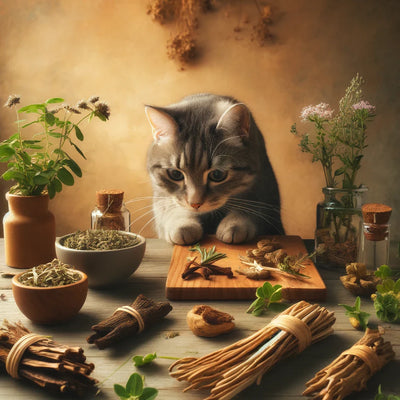 A curious cat explores silvervine sticks, valerian root, and honeysuckle wood in a cozy, natural setting with soft lighting and plants.