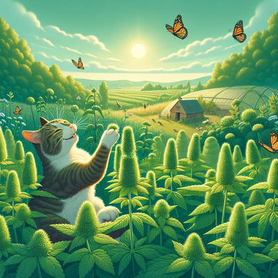 "A contented tabby cat sitting among lush catnip plants in a sunny farm field, playfully reaching for butterflies in a serene rural setting.