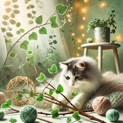 A playful cat surrounded by silvervine sticks, leaves, and toys in a cozy indoor space with soft green tones and natural lighting.