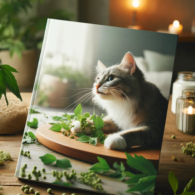 Playful tabby cat enjoying silvervine leaves on a wooden table, with soft lighting and greenery creating a calming, natural vibe.