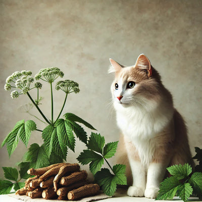 A curious cat sitting next to fresh valerian root and green leaves on a soft, neutral background, evoking calmness and natural wellness.