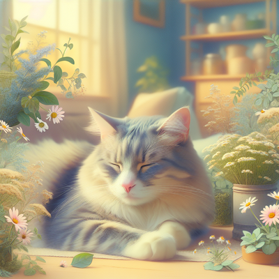 A fluffy cat peacefully naps in a sunlit room, surrounded by soft flowers and greenery, creating a serene and cozy atmosphere.