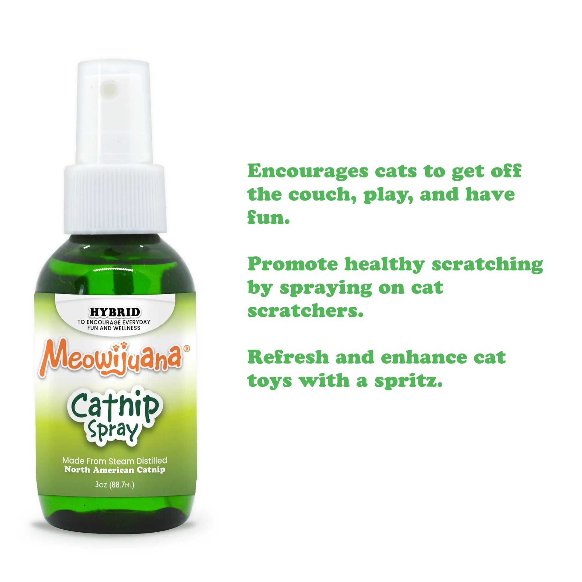 Meowijuana Catnip Spray bottle with text describing benefits like promoting play, healthy scratching, and refreshing toys.