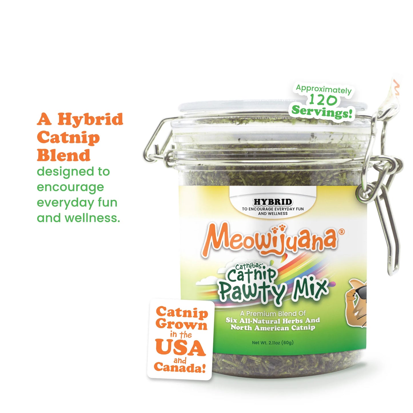 Side view of Catnip Pawty Mix jar with text promoting wellness and fun; includes serving size details.