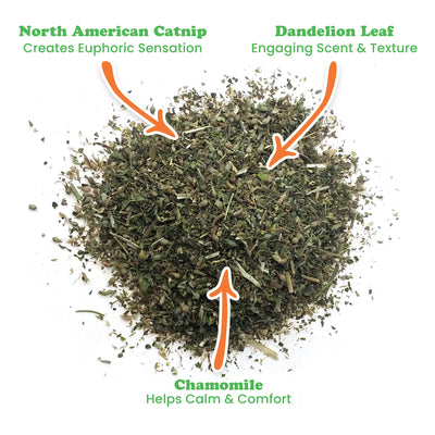 Close-up of Whisker Tickler blend showing the combination of North American catnip, dandelion leaf, and chamomile.