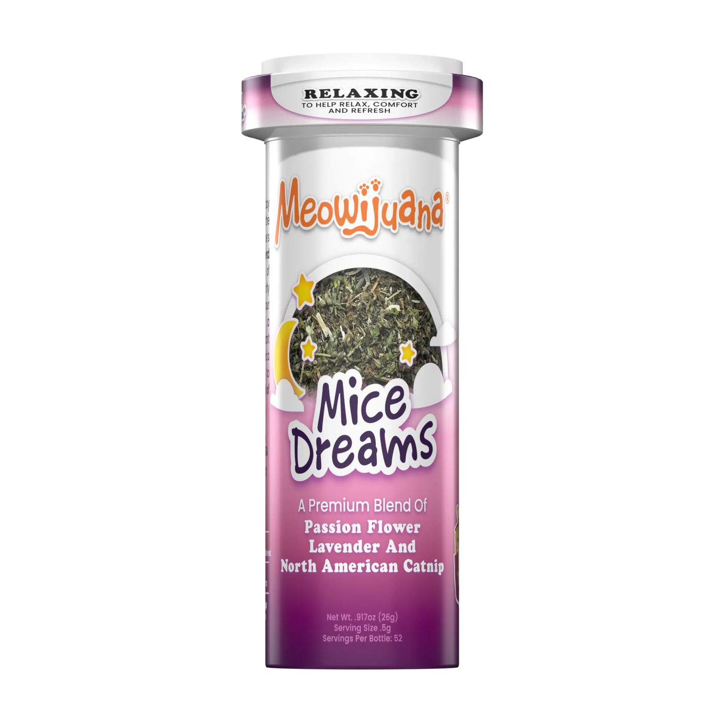 Mice Dreams catnip blend in a pill bottle-style container with calming ingredients like passion flower and lavender.