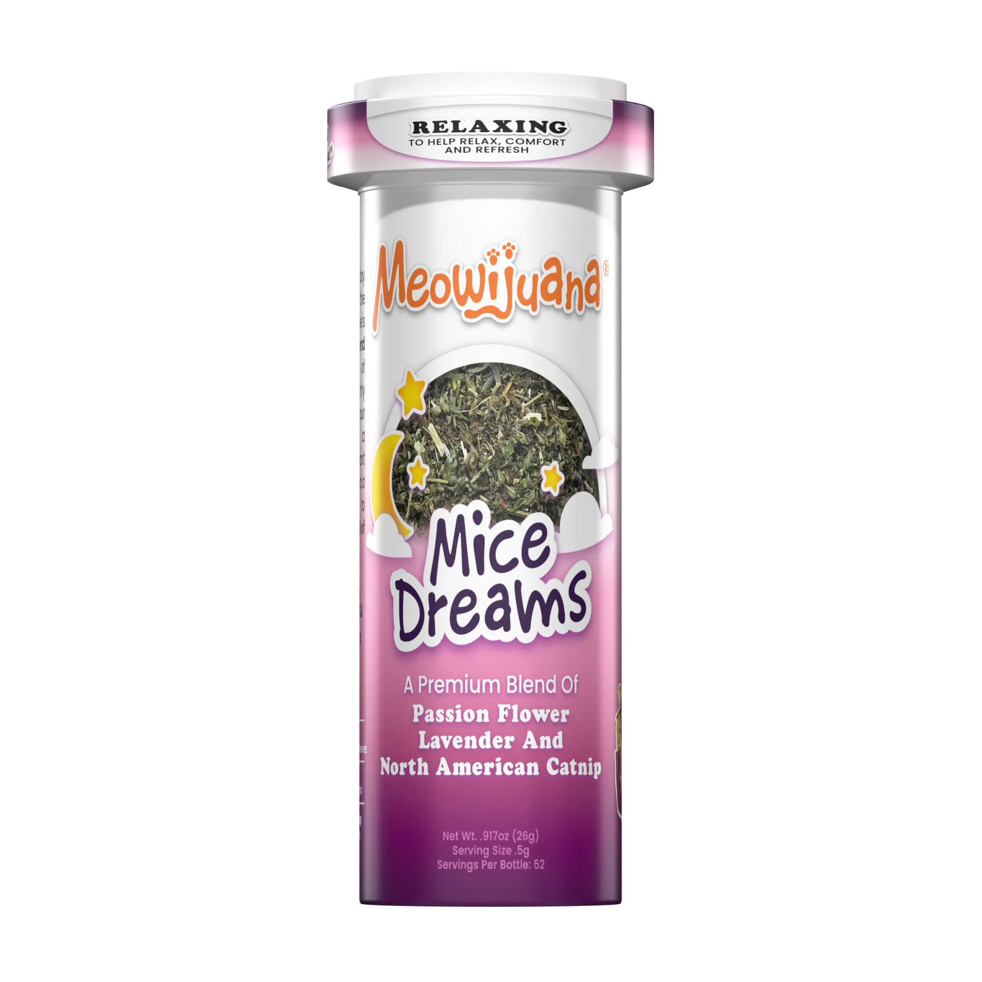 Mice Dreams catnip blend in a pill bottle-style container with calming ingredients like passion flower and lavender.