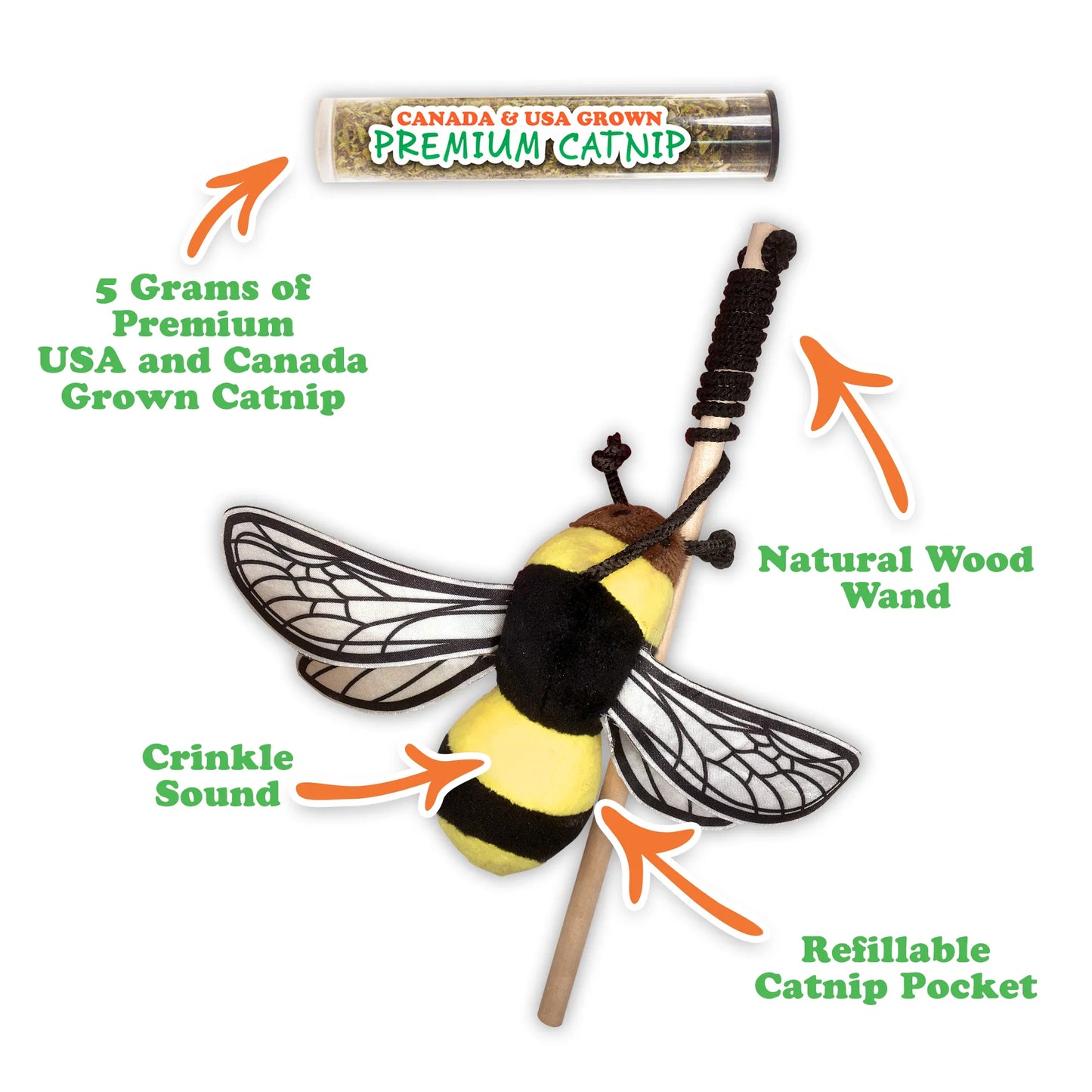 The Meowijuana bee toy with labeled features, including a refillable pocket, crinkle sound, natural wood wand, and catnip vial.