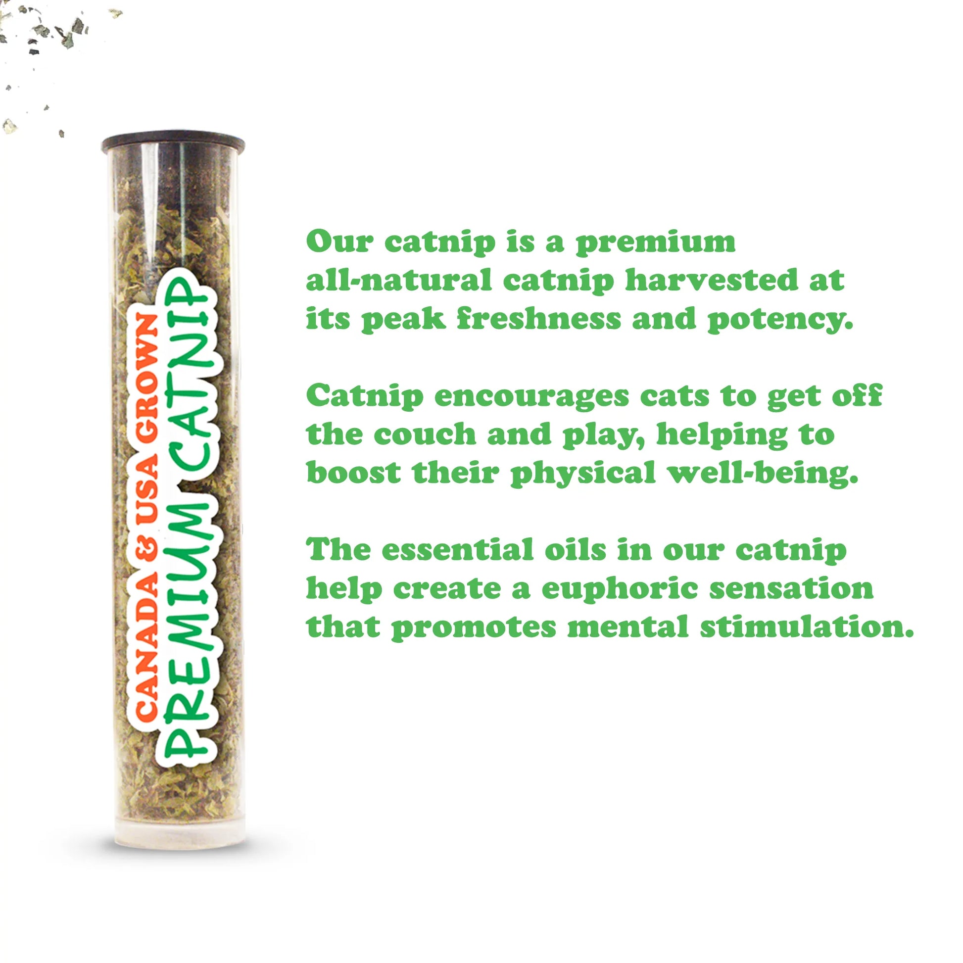 A close-up of a catnip vial labeled "Canada & USA Grown Premium Catnip" with text highlighting its freshness and benefits.