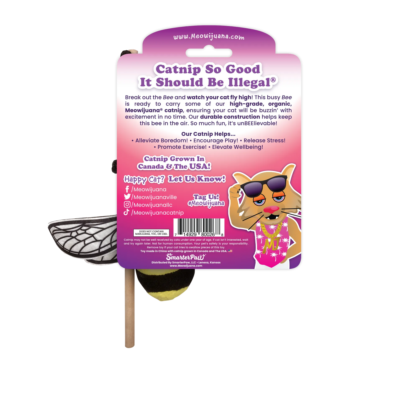 Back of the "Get Buzzed" packaging, describing the benefits of the catnip toy with a fun design and social media tags.