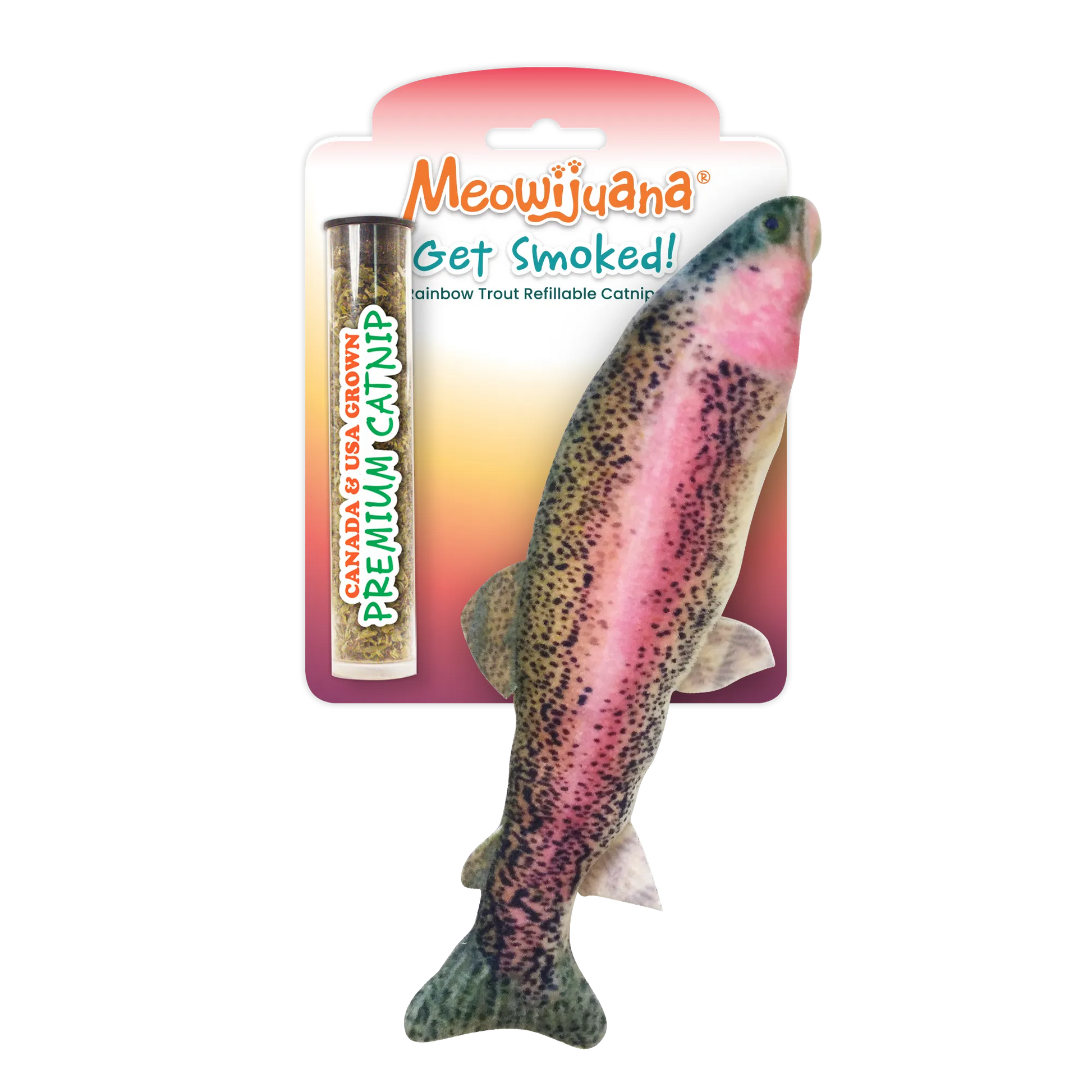 A packaged Meowijuana "Get Smoked" rainbow trout refillable catnip toy with a vial of premium catnip.