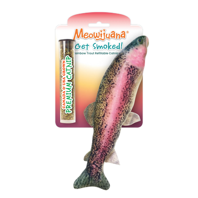 A packaged Meowijuana "Get Smoked" rainbow trout refillable catnip toy with a vial of premium catnip.