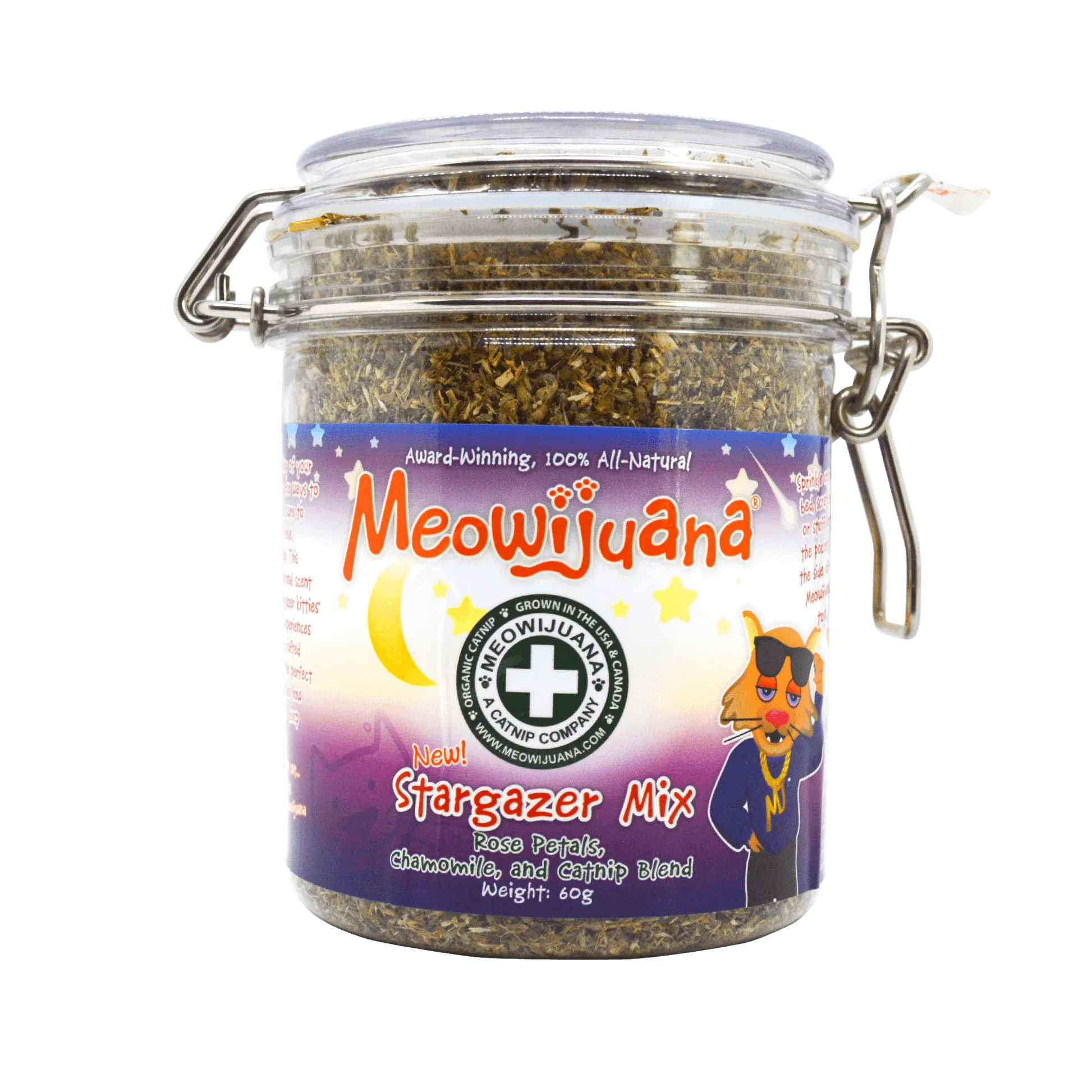 Meowijuana Stargazer Mix jar with rose petals, chamomile, and catnip for a calming nighttime experience for cats.