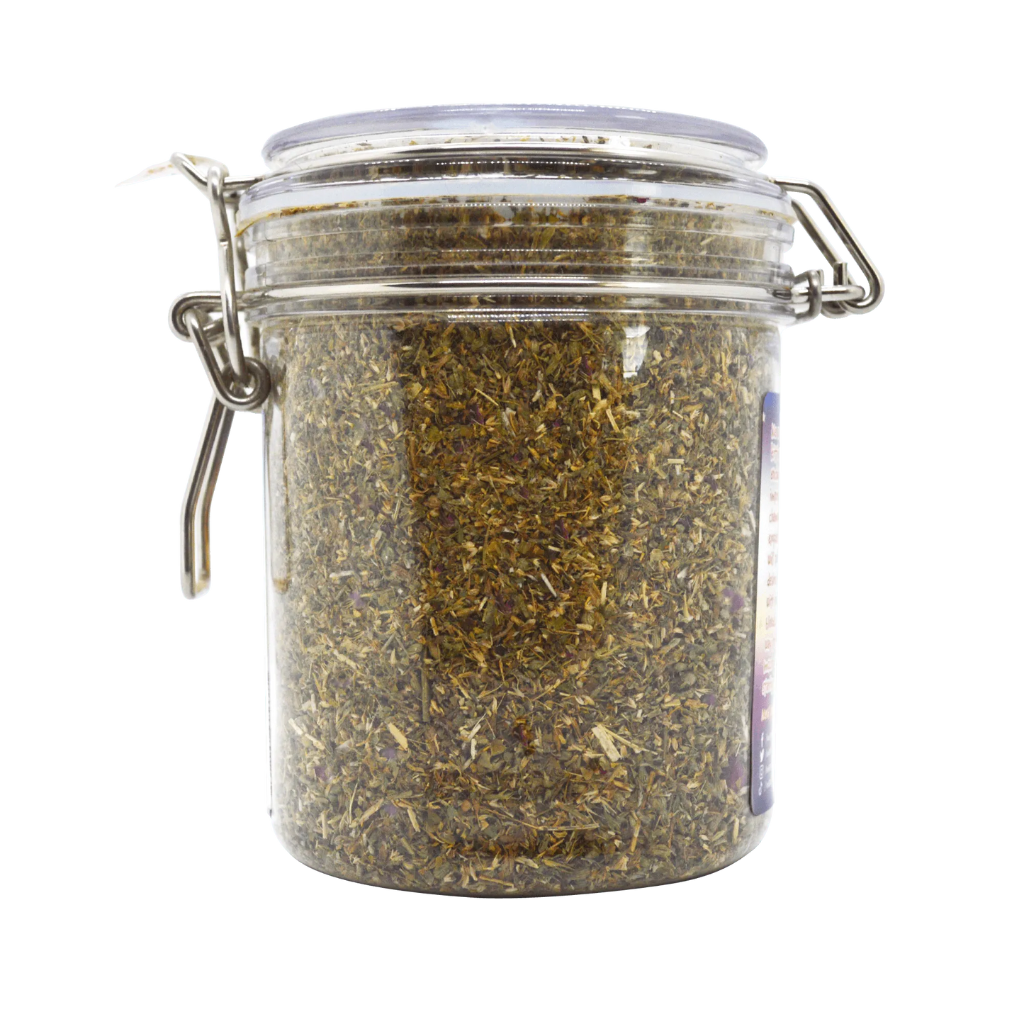 Meowijuana Stargazer Mix in a clear jar with herbs for a calming experience for cats.