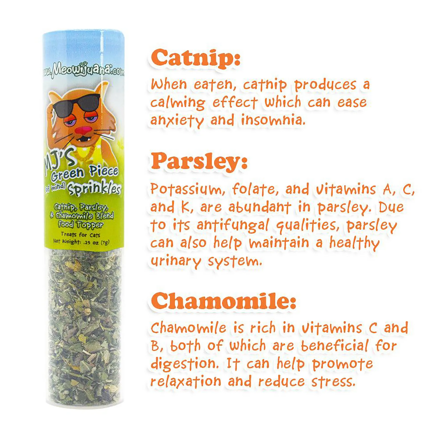 MJ's Green Piece catnip sprinkles with ingredient benefits of catnip, parsley, and chamomile listed for cats.