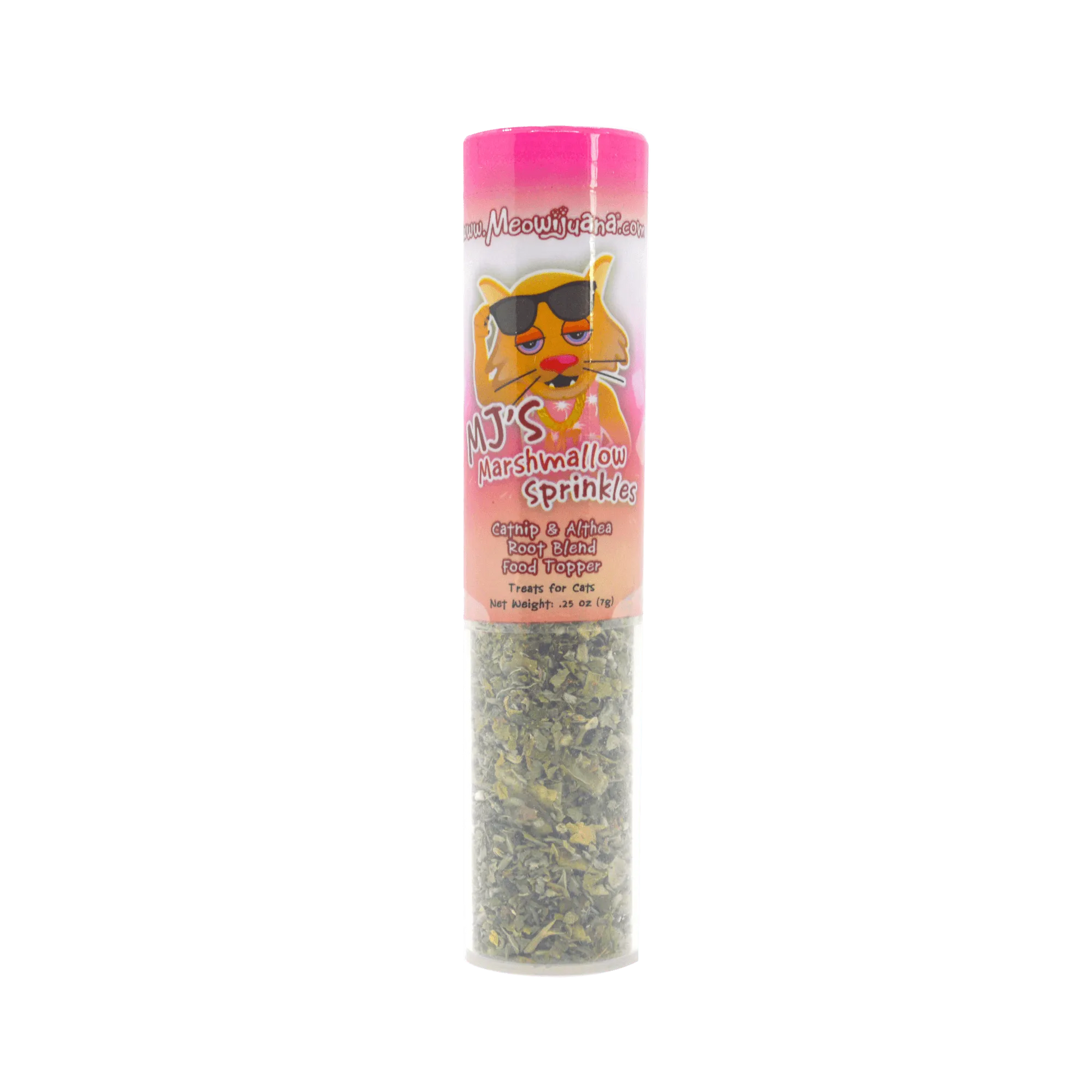 MJ's Marshmallow Sprinkles catnip and althea root blend container, a food topper for cats.