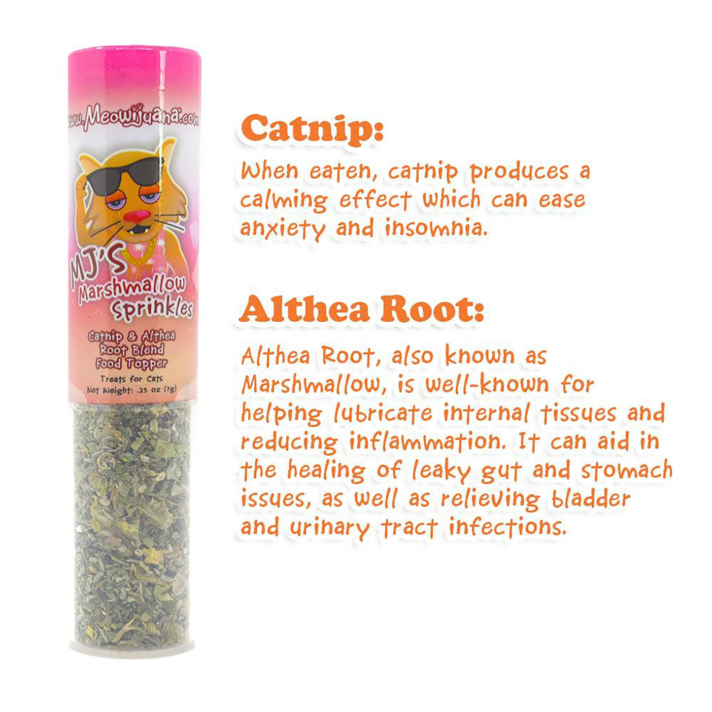 MJ's Marshmallow Sprinkles container with benefits of catnip and althea root for cats' relaxation and health.