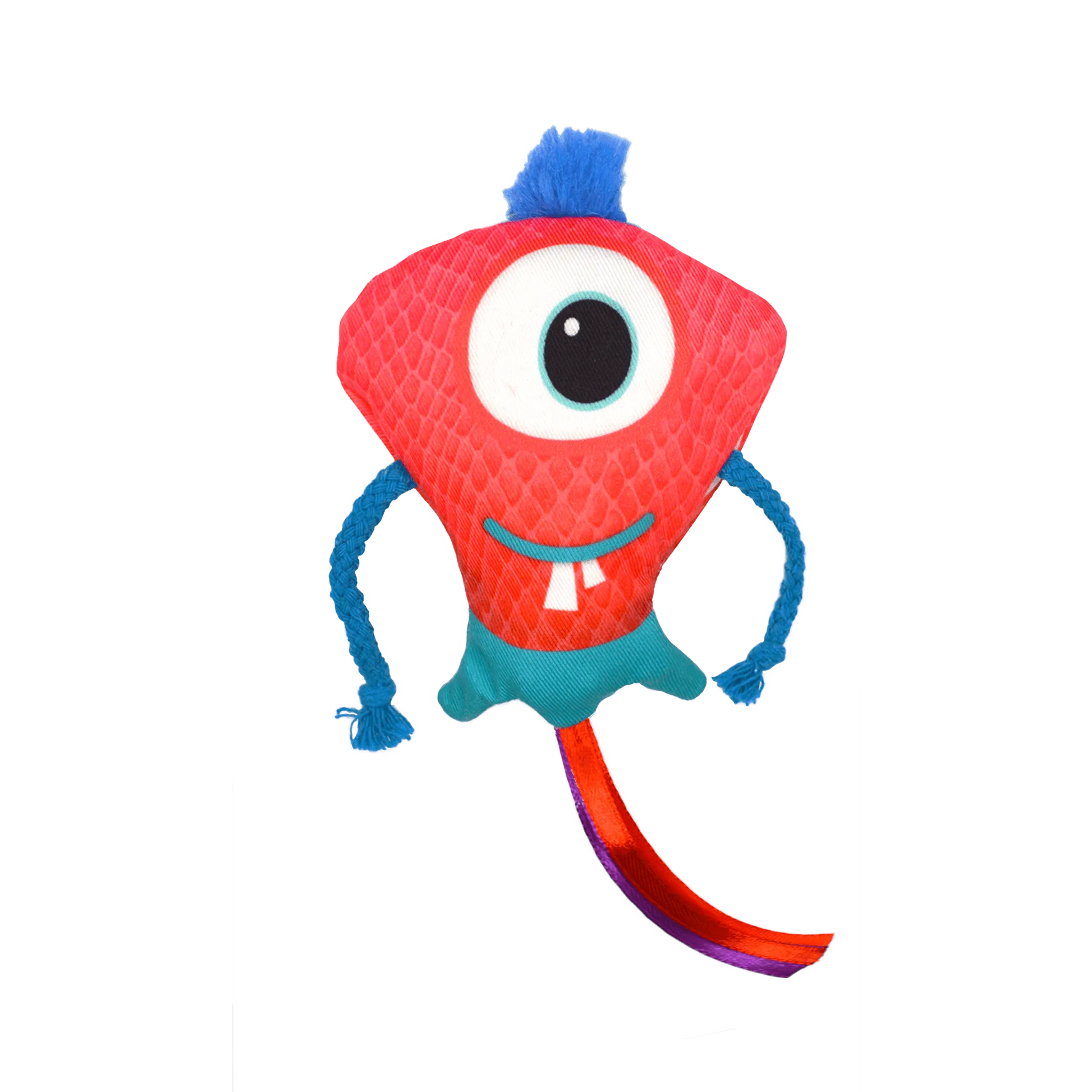 Close-up of the vibrant red Ruby Rascal toy featuring a single eye, blue arms, and a colorful tail.