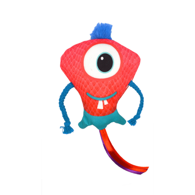 Close-up of the vibrant red Ruby Rascal toy featuring a single eye, blue arms, and a colorful tail.