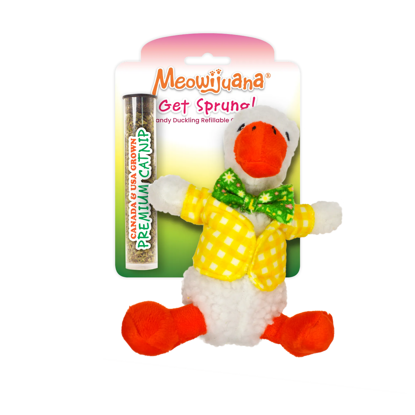 Meowijuana refillable catnip toy styled as a duckling, featuring bright orange feet and a yellow checkered bow tie.