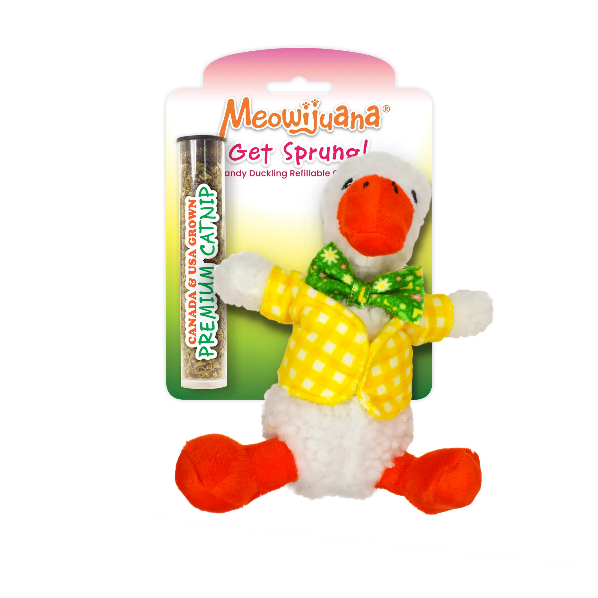 Meowijuana refillable catnip toy styled as a duckling, featuring bright orange feet and a yellow checkered bow tie.