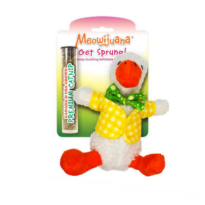 Meowijuana refillable catnip toy styled as a duckling, featuring bright orange feet and a yellow checkered bow tie.