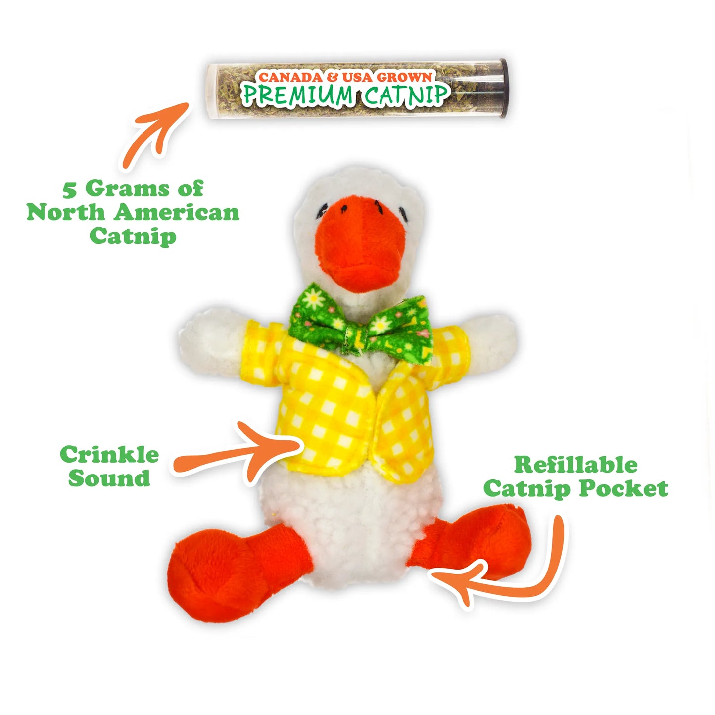 Features of the duckling catnip toy, including a refillable pocket, crinkle sound, and 5 grams of North American catnip.