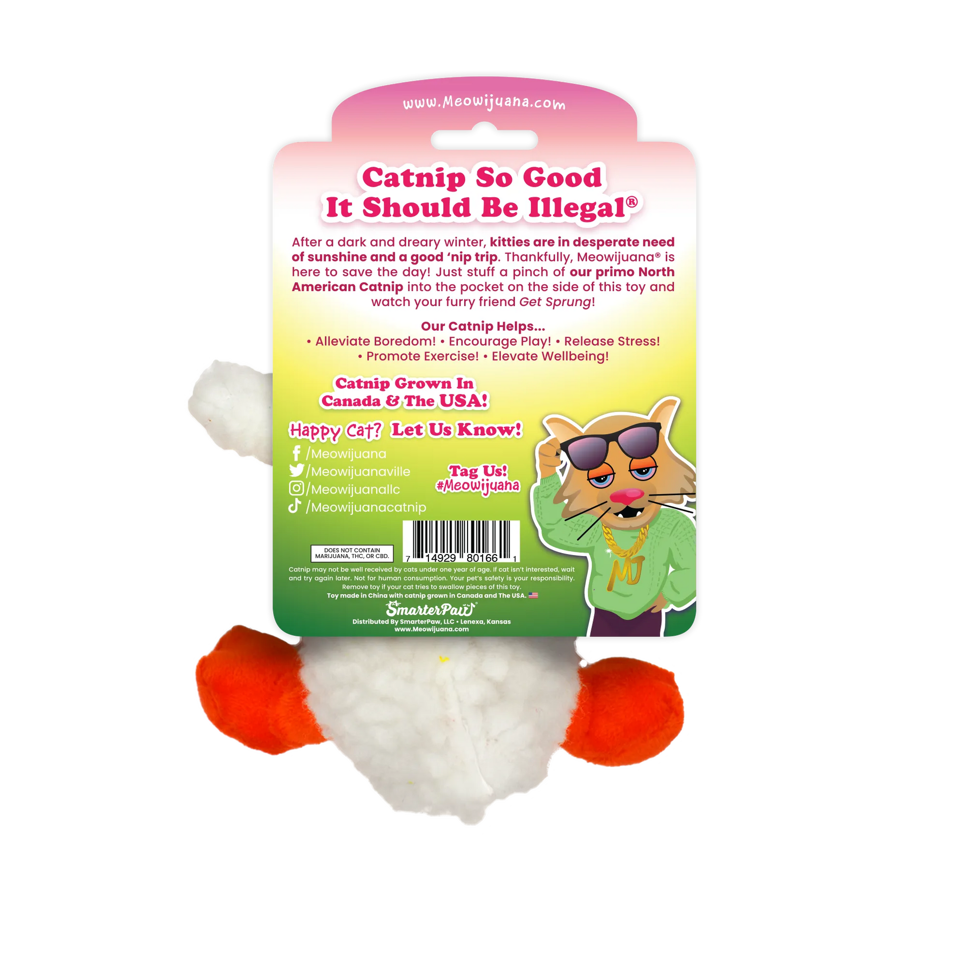 Back packaging of the duckling catnip toy explaining its benefits and promoting stress relief and playful exercise for cats.