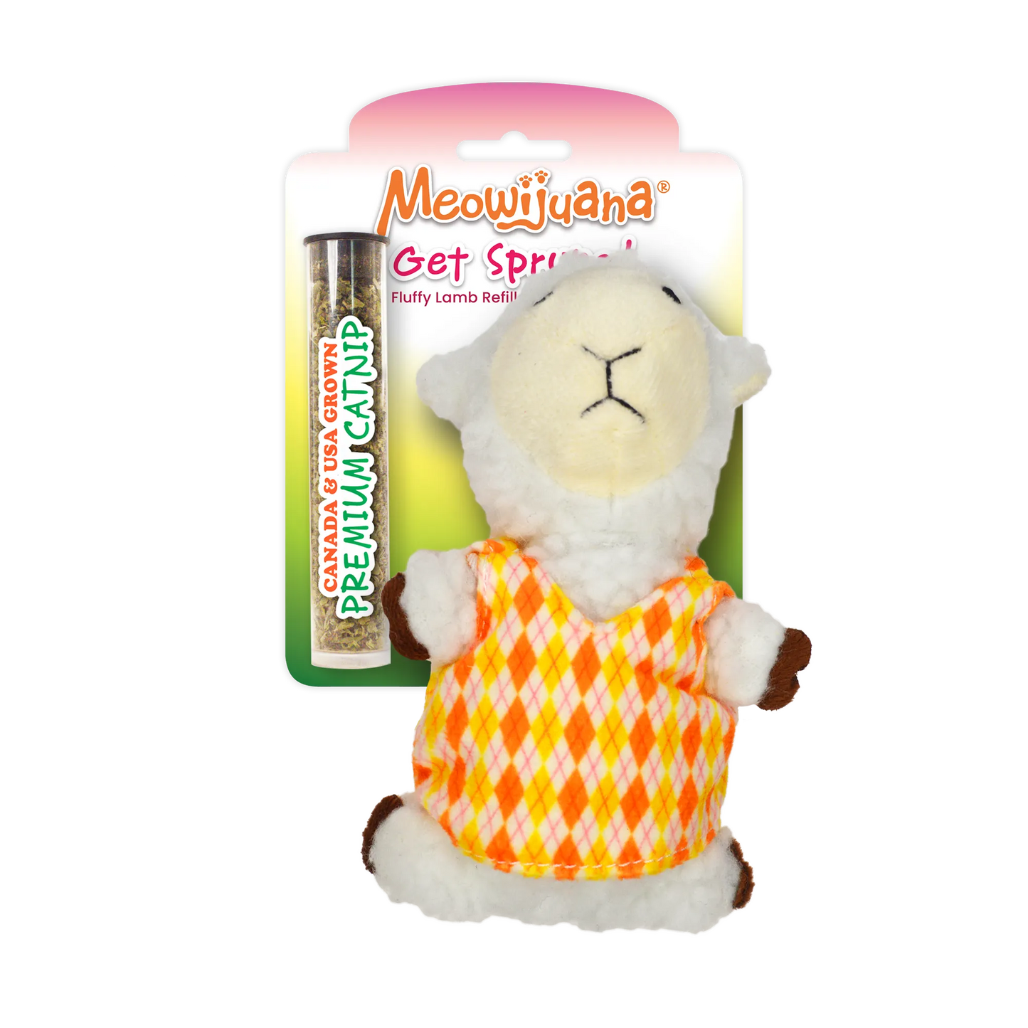 A fluffy lamb toy wearing an orange argyle sweater with a tube of premium catnip included in the package.