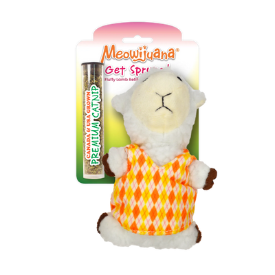 A fluffy lamb toy wearing an orange argyle sweater with a tube of premium catnip included in the package.