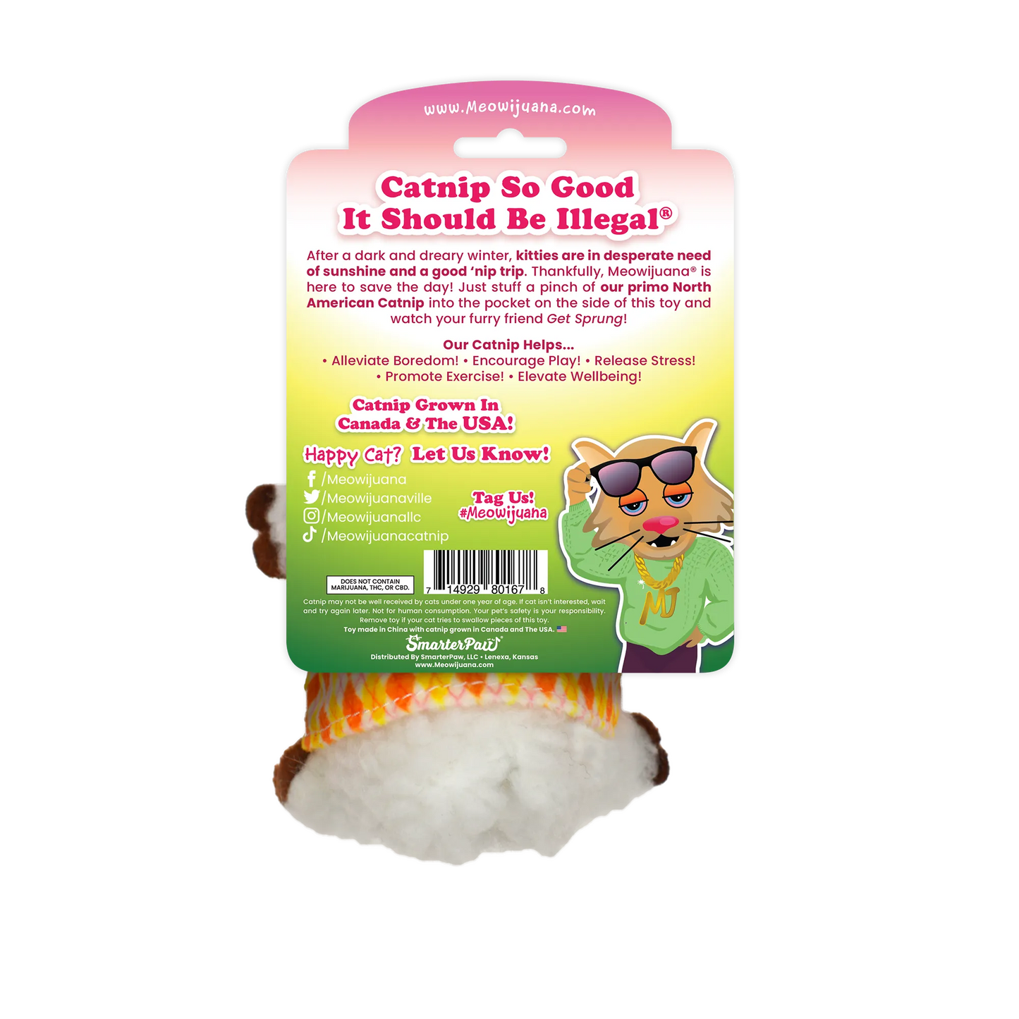 Packaging back of the lamb toy, detailing its benefits for feline boredom relief, play encouragement, and exercise.