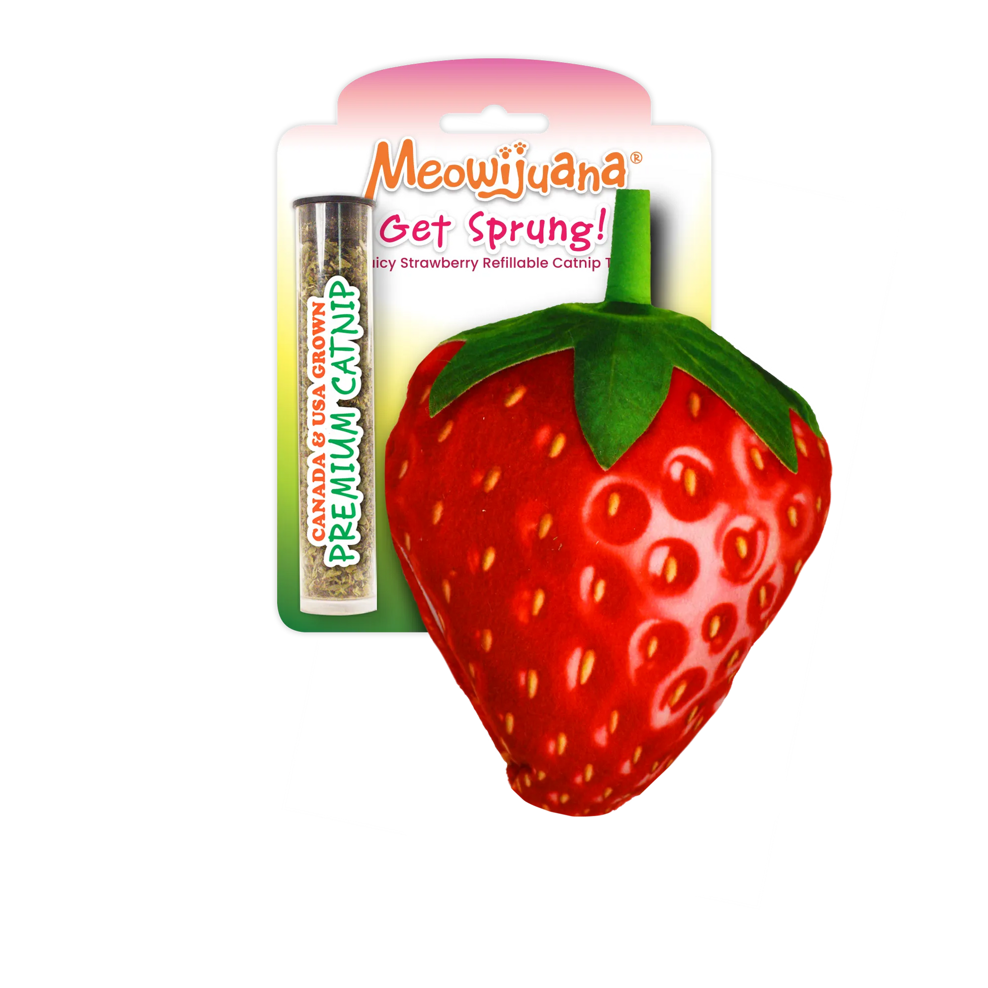 Packaging of Meowijuana's Juicy Strawberry Refillable Catnip Toy, featuring a vibrant red strawberry and premium catnip tube.