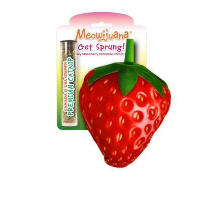 Packaging of Meowijuana's Juicy Strawberry Refillable Catnip Toy, featuring a vibrant red strawberry and premium catnip tube.