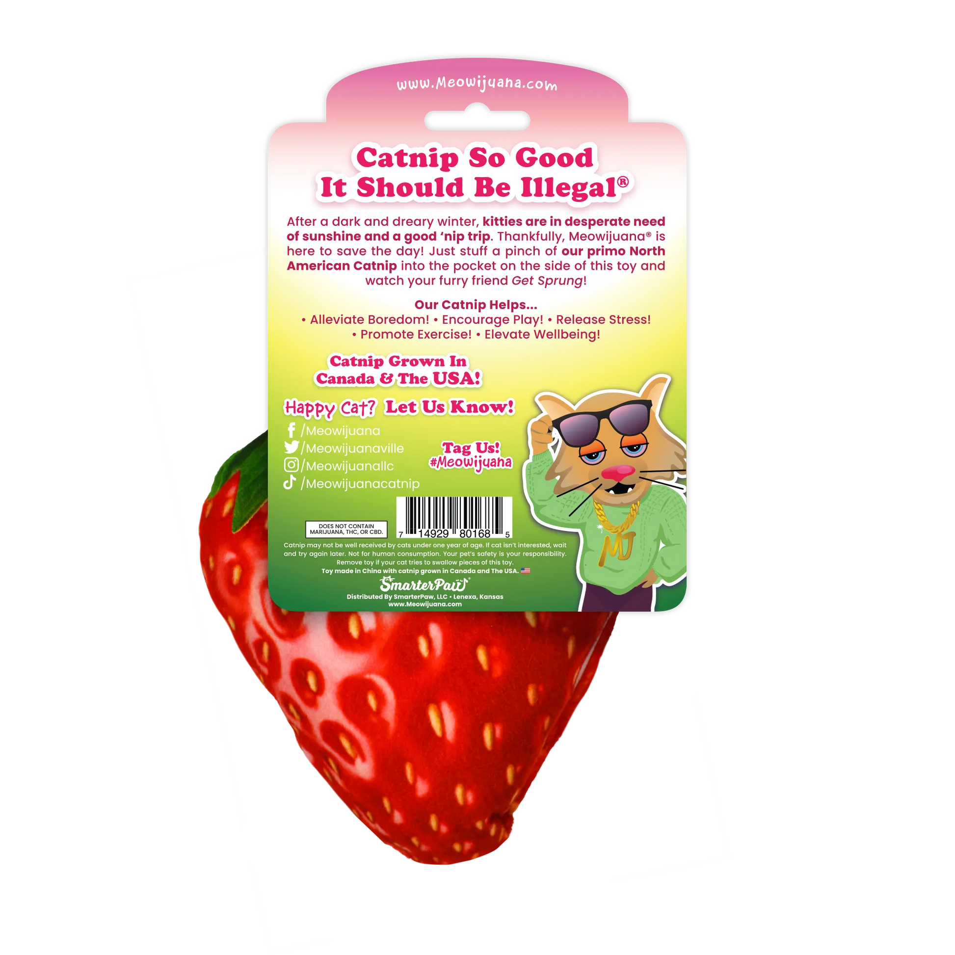 Back of packaging for Meowijuana strawberry toy, emphasizing its ability to alleviate boredom and elevate feline well-being.