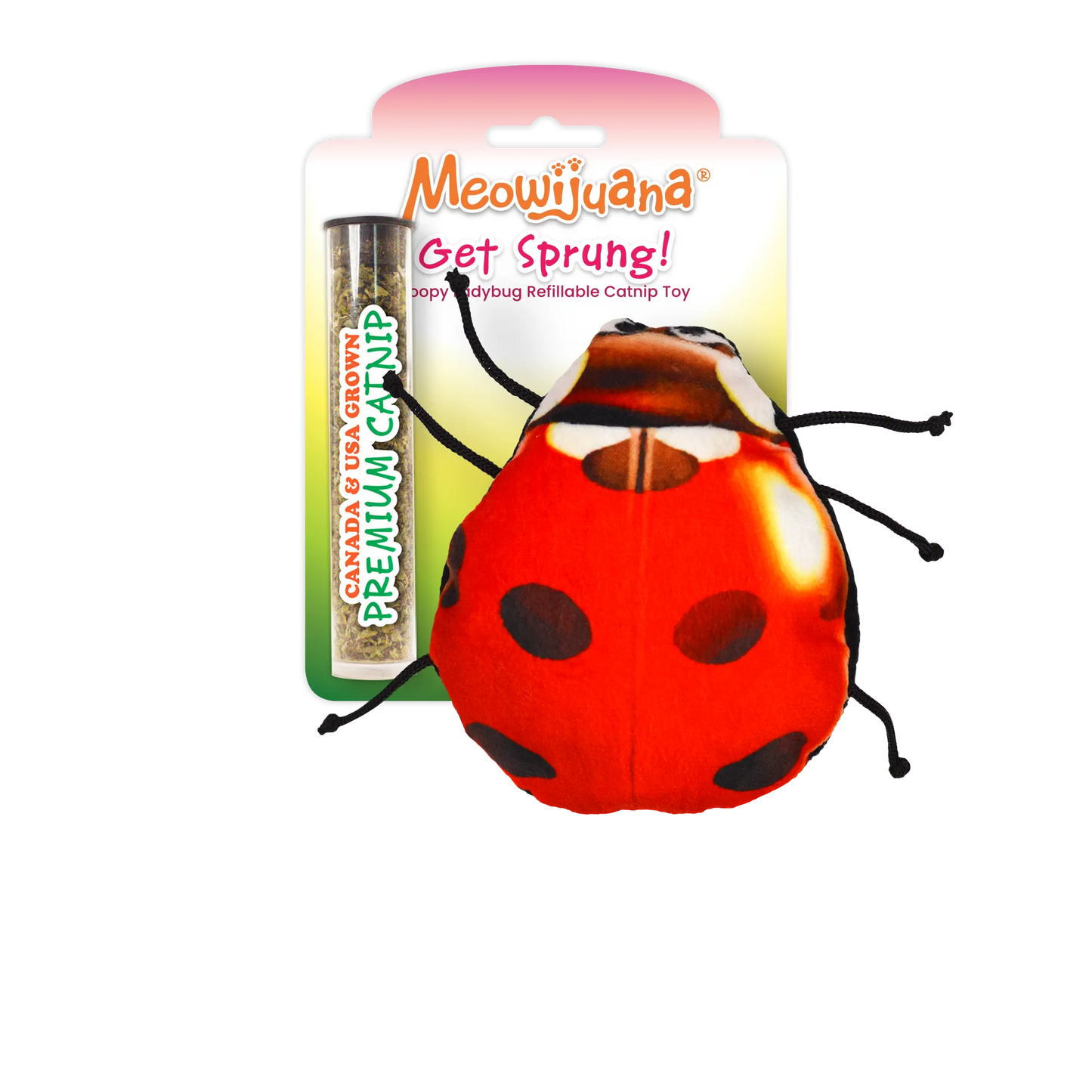 Meowijuana "Get Sprung!" Ladybug toy packaging with premium Canada and USA-grown catnip included.