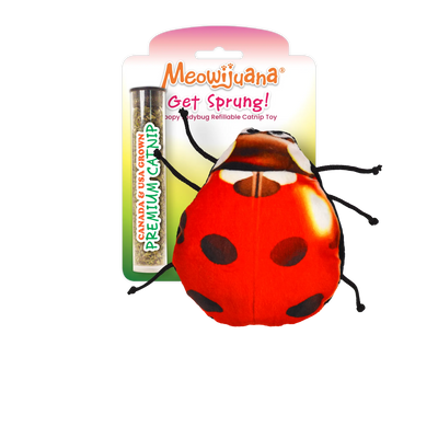 Meowijuana "Get Sprung!" Ladybug toy packaging with premium Canada and USA-grown catnip included.