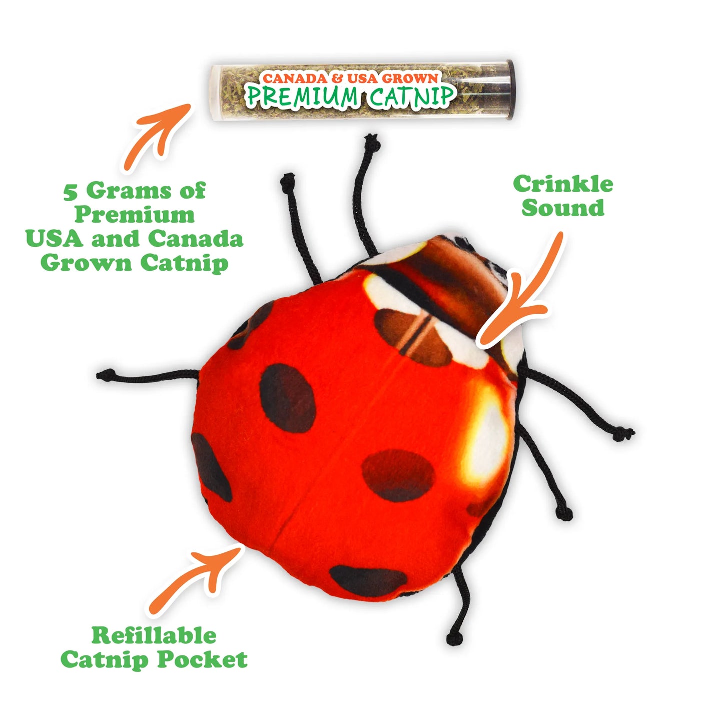 Close-up of the ladybug toy with text highlighting premium catnip, refillable pocket, and crinkle sound feature.