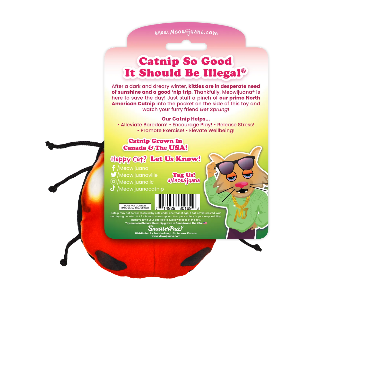 Back of the Meowijuana "Get Sprung!" Ladybug toy packaging with product benefits and social media information.