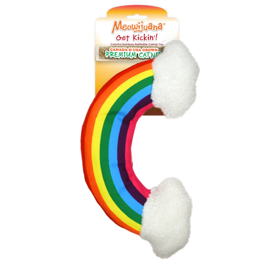 Packaged rainbow-shaped cat toy with branding "Meowijuana® Get Kickin’" and included premium catnip in a clear tube.