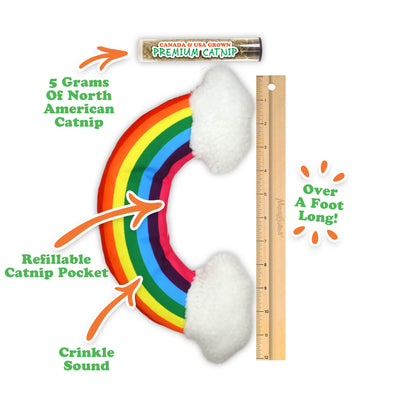 A rainbow-shaped cat toy with white fluffy ends, refillable with catnip, featuring crinkle sound and over a foot long.