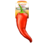 A bright red chili pepper-shaped cat toy in packaging with Meowijuana® branding and included premium catnip tube.